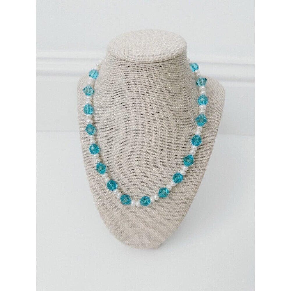NWT Genuine Pearls & Crystal Beads Necklace Blue White